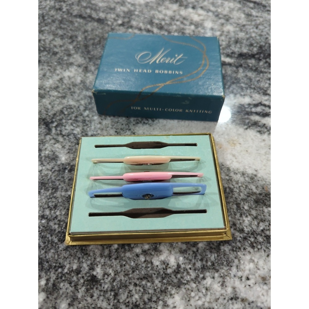Vintage Hard Plastic Merit Twin Head Bobbins set of 3 with original box